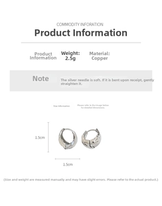 Detailed view of irregular hammered silver hoop earrings with 1.5cm diameter and size labels