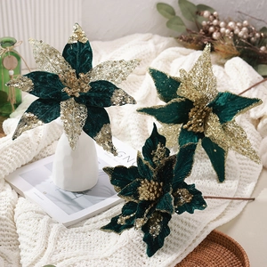 Artificial Christmas Poinsettia Flower Dark Green Velvet With Gold Sequins Glitter Mesh For Holiday Tree Home Decor