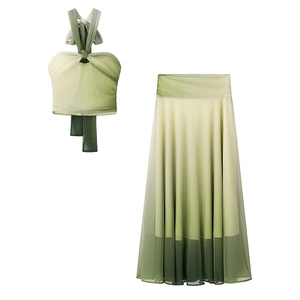 Green gradient pleated two-piece set featuring halter neck top and high-waisted maxi skirt