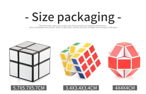 Detailed size comparison of silver mirror cube, mini 3x3 cube, and snake ruler toy