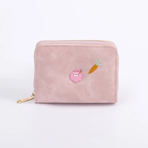 Mini portefeuille rose zippé en cuir PU mat avec broderie de lapin mignon et carotte