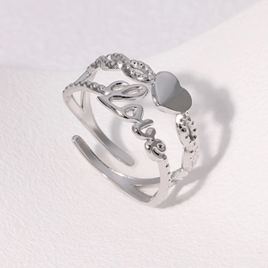 Adjustable silver stainless steel open ring with love heart design and polished finish