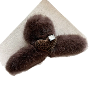 Brown plush heart hair claw clip with leopard print and sparkling crystal rhinestone