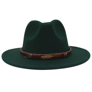 Detail view of dark green wool fedora hat featuring a gold feather and brown braided band