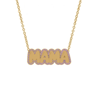 Gold MAMA pendant necklace with purple zircon accents on a minimalist chain