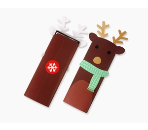 Detailed view of Christmas themed reindeer and snowflake pattern gift boxes