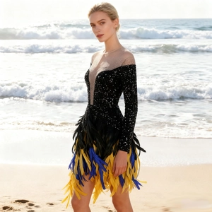 Sequin Feather Patchwork Long Sleeve Dress V-Neck Mesh Rhinestone Slim Fit Party Mini Dress Elegant Women