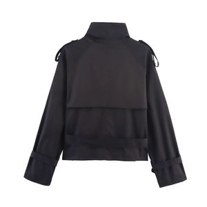Back view of a cropped black trench coat jacket featuring shoulder epaulettes and wrist straps