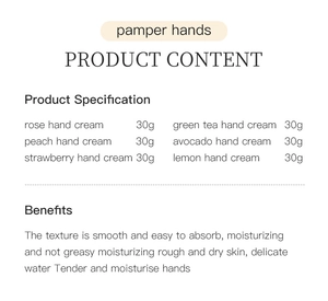 Detailed product specifications for moisturizing 30g hand creams in six fresh scents