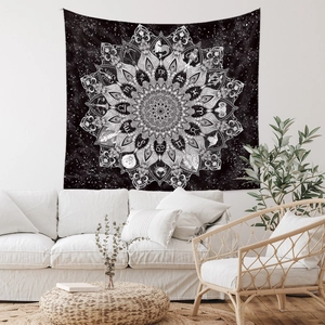 Bohemian black and white mandala tapestry with zodiac signs for home wall decor
