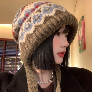 Knitted Beanie Hat Winter Warm Ear Protection Cap Retro Fair Isle Jacquard Tie Straps Windproof Fashion Women Accessories