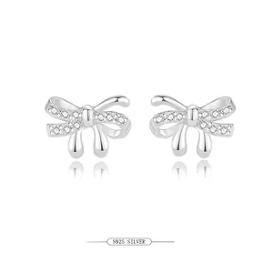 Elegant 925 Sterling Silver Bowknot Stud Earrings With Sparkly Zirconia Korean Minimalist Sweet Jewelry Gift For Women