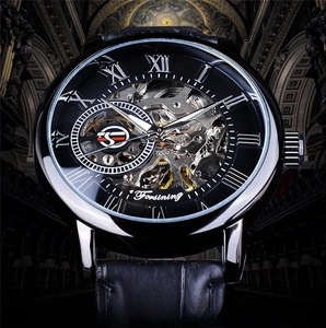 Macro detail of skeleton watch dial with Roman numerals and mechanical movement