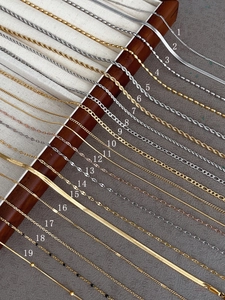 Macro view of 19 styles of titanium steel necklace chains in gold, silver and rose gold