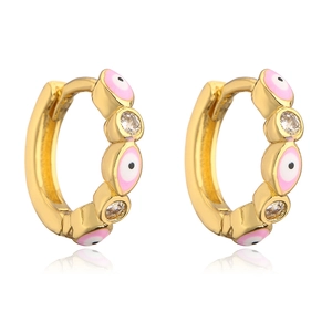 Close-up of gold plated hoop earrings with pink evil eye design and cubic zirconia