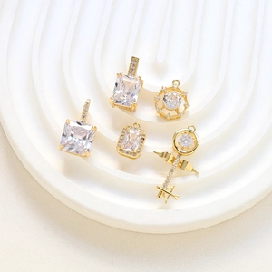 Copper Gold Plated Zircon Inlay Pendants Key Shape Rectangular Square Charms For DIY Necklace Bracelet Jewelry Making