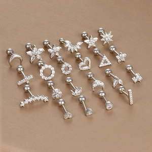 Silver stainless steel stud earring set with zircon stars hearts and moons shapes