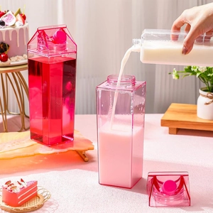 Filling a 1000ml square milk box shaped plastic water bottle with fresh milk detail
