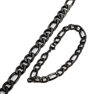 Macro shot of black Figaro style stainless steel chains showing detailed metal links