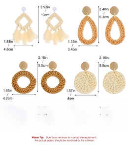 Detailed dimensions of Bohemian woven rattan earrings with wood texture and tassel accents