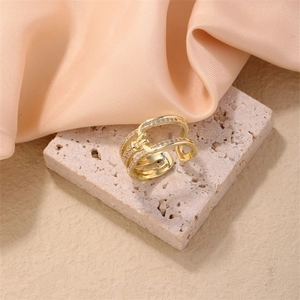 Elegant gold-plated open ring with pink and white micro-pave crystals in a layered design