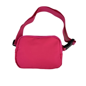 Fuchsia nylon waist bag with adjustable black strap for outdoor sports and casual wear
