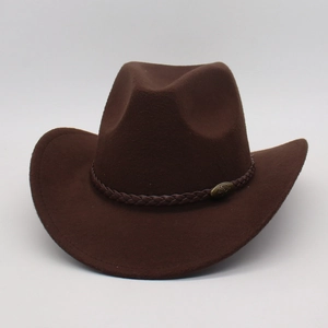 Detail of dark brown felt cowboy hat featuring a braided leather band with bronze metal buckles