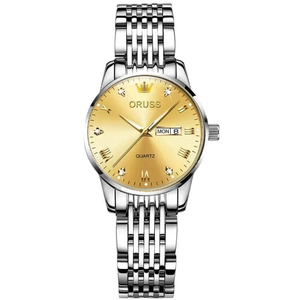 Elegant ORUSS silver quartz watch for women with golden dial and calendar display