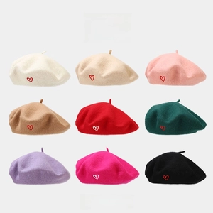 Women Wool Beret Hat With Heart Embroidery Winter Warm Artist Painter Cap Fashion Soft Skin Friendly