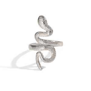 Detailed close-up of a silver snake ring featuring a textured hammered finish and open design