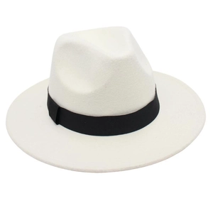 Detail view of the black grosgrain ribbon on a white fedora hat with a wide brim