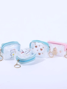 Set of four clear PVC square coin purses with cute cartoon bear and cherry designs