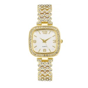 Elegant gold square quartz watch for women with full crystal encrusted band and white dial