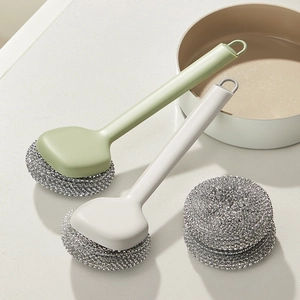 Long-handle steel wire dish brush set for kitchen stove cleaning with replacement heads