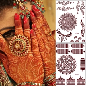 Brown henna lace tattoo stickers with Indian mandala floral patterns for hand art