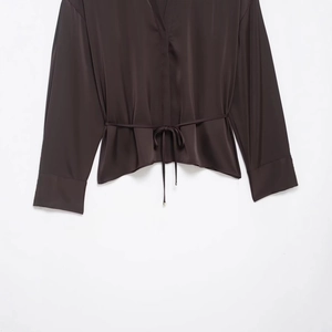 Dark brown satin long sleeve blouse with elegant waist drawstring and belted detail