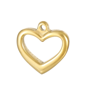 Detailed view of a polished gold hollow heart-shaped stainless steel charm pendant