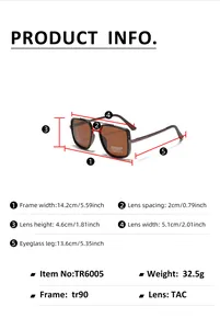 Detailed size chart for TR90 square polarized sunglasses with precise frame dimensions