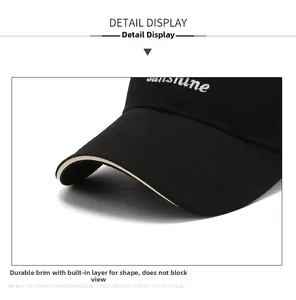 Detail of embroidered 'sunshine' text on black baseball cap with contrast white trim