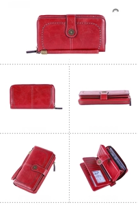 Dettaglio del portafoglio lungo RFID rosso vino da donna con slot per carte e chiusura a fiore