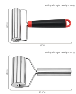 Dual stainless steel rolling pins showing detailed dimensions and ergonomic handle design