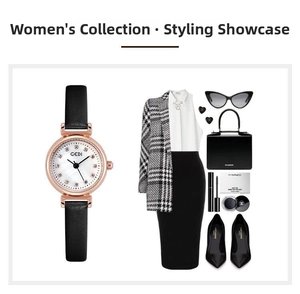Chic women's watch with leather strap and rose gold bezel shown with fashion outfit