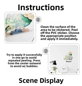 Guide showing DIY application of cartoon succulent wall stickers on a clean white surface