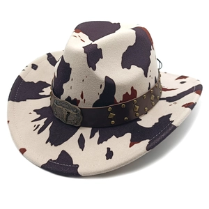 Western wool cow print cowboy hat with vintage bull head buckle and faux leather band