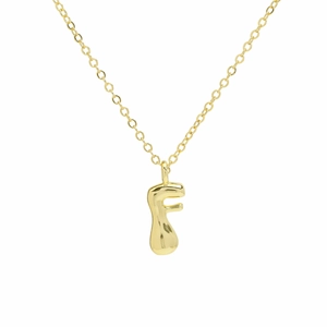 Detailed macro view of gold-plated 3D bubble puff letter F pendant with thin chain