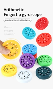 Detail view of colorful math fidget spinners showing addition and subtraction equations