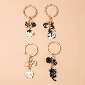 Cartoon Animal Keychains Cute Cat Dog Zinc Alloy Enamel Moon Heart Cup Bell Pendants Kawaii Bag Ornaments Jewelry