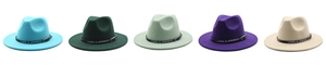 Detail of wool fedora hats with leather belts in teal, green, purple, and beige tones