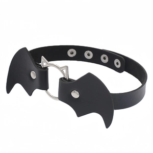 Detail of eco-friendly PU leather choker featuring punk bat wings and a metal center ring