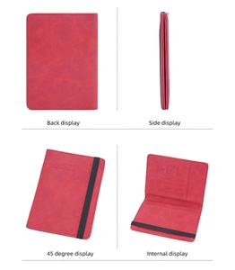 Detail view of red RFID passport wallet with elastic strap, card slots and interior storage